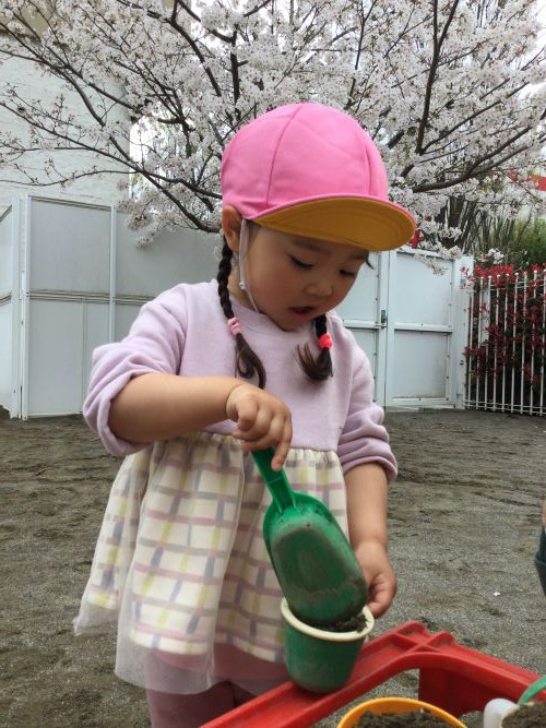 　大好きなお砂あそび！桜の花びらをトッピングにのせて桜ケーキを作ったよ！.JPG